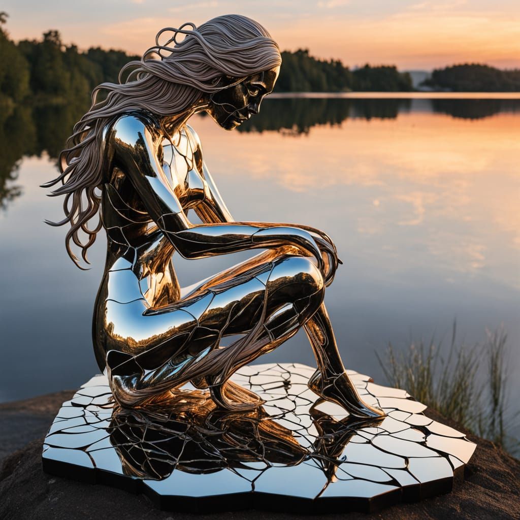 Surreal Sculpture of Woman with Mirror Shards