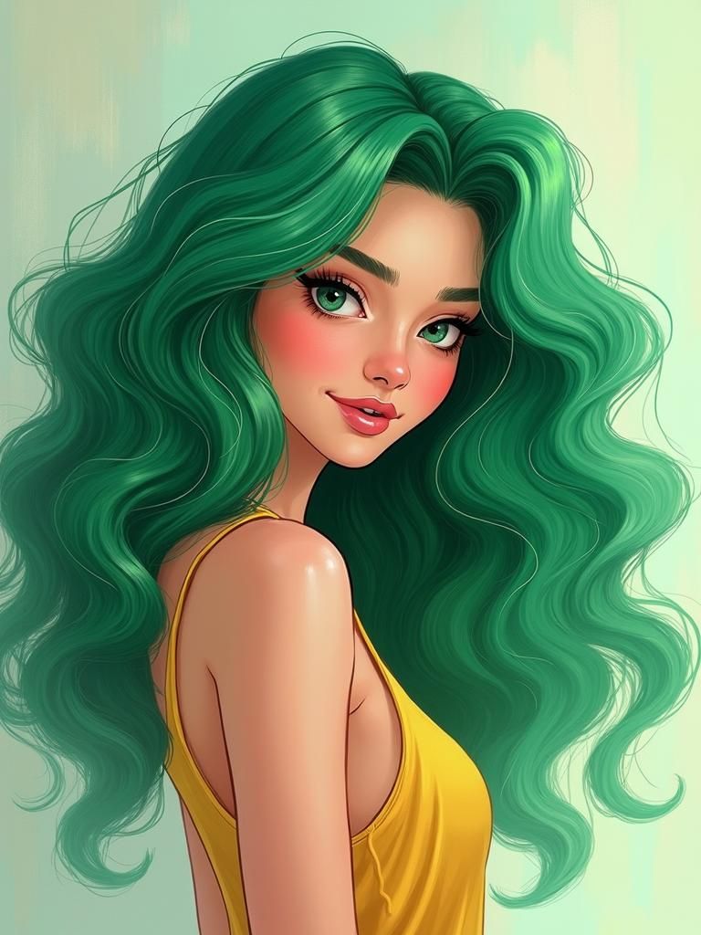 Woman with Emerald Green Hair in Whimsical Style
