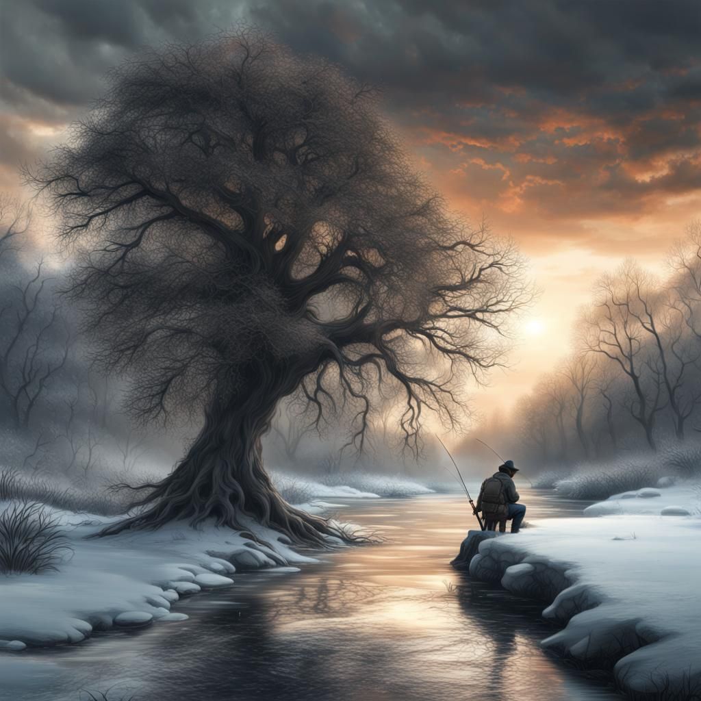 Winter Fisherman Silhouette in Charcoal Drawing