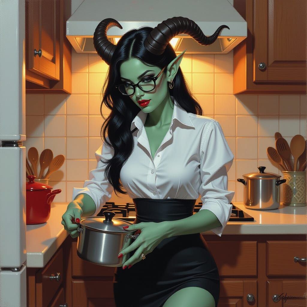 Tiefling in Kitchen, Detailed Fantasy Oil Painting