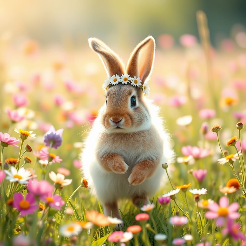 Whimsical Bunny in a Field of Wildflowers