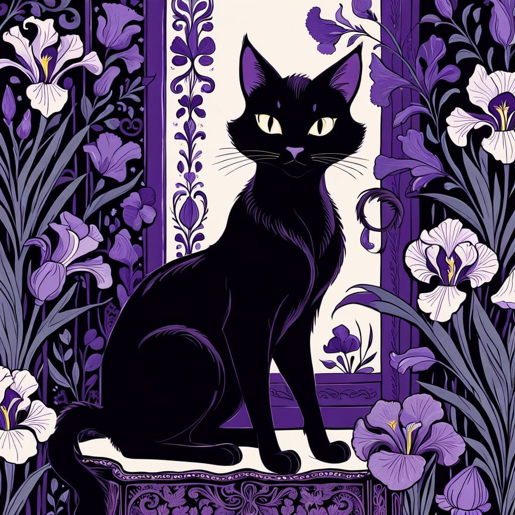 Whimsical Cartoon Cat in Vintage Wardrobe with Purple Flower...