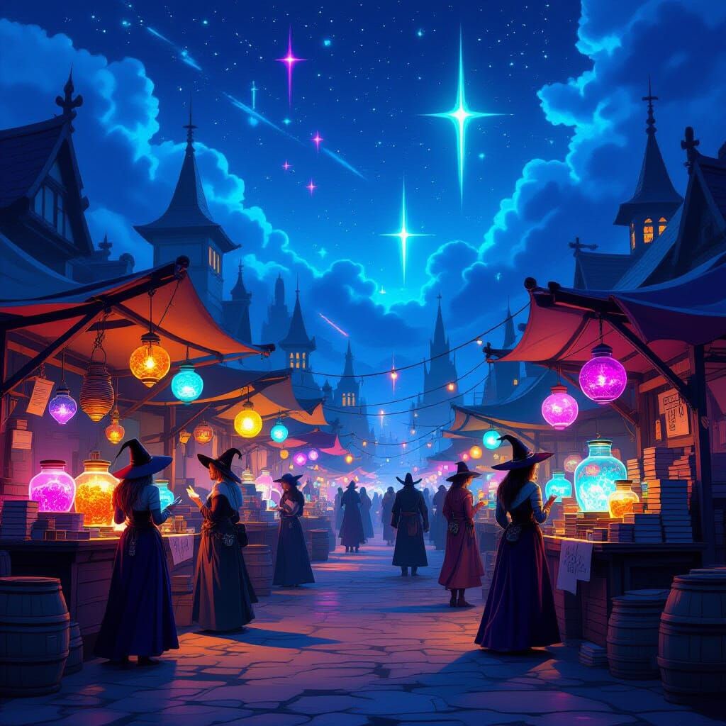 Magical Night Market with Witches and Mages