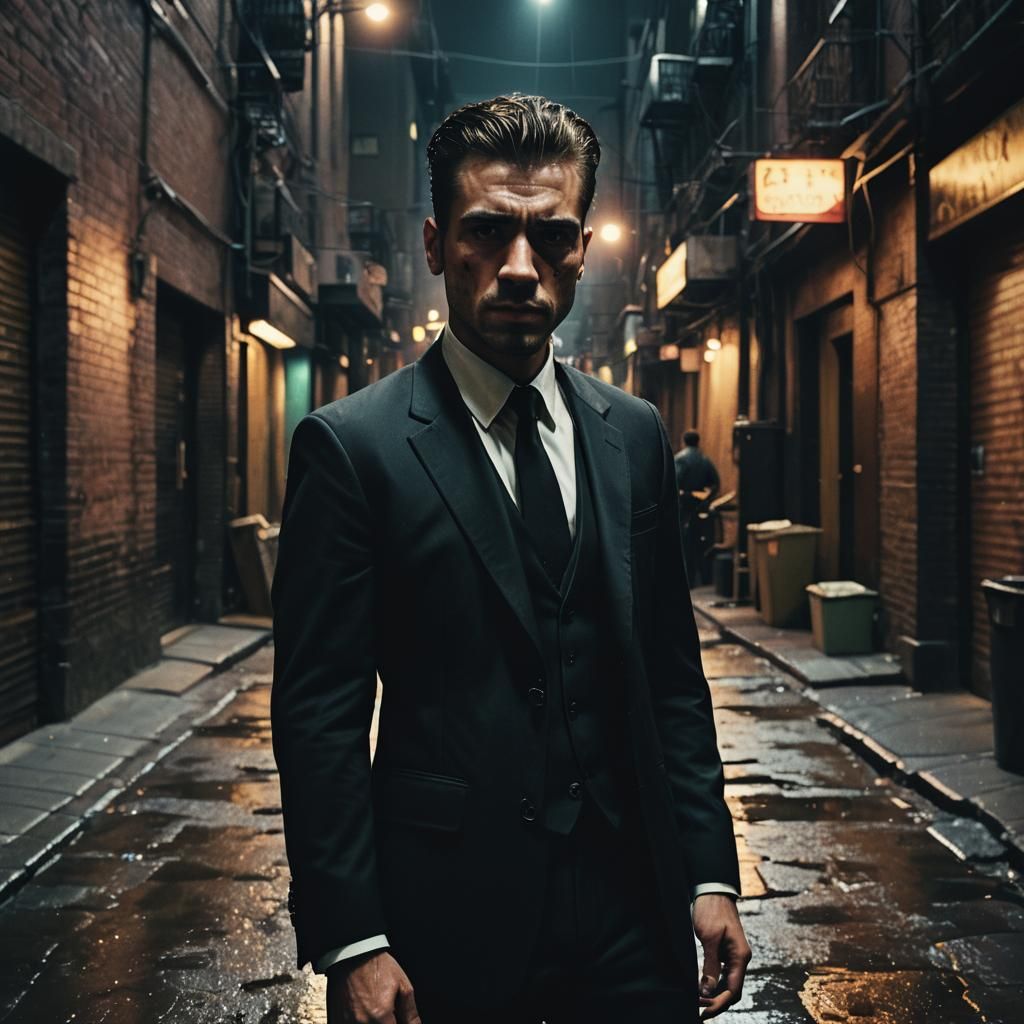 Gangster in Dimly Lit Alleyway: Cinematic Film Still