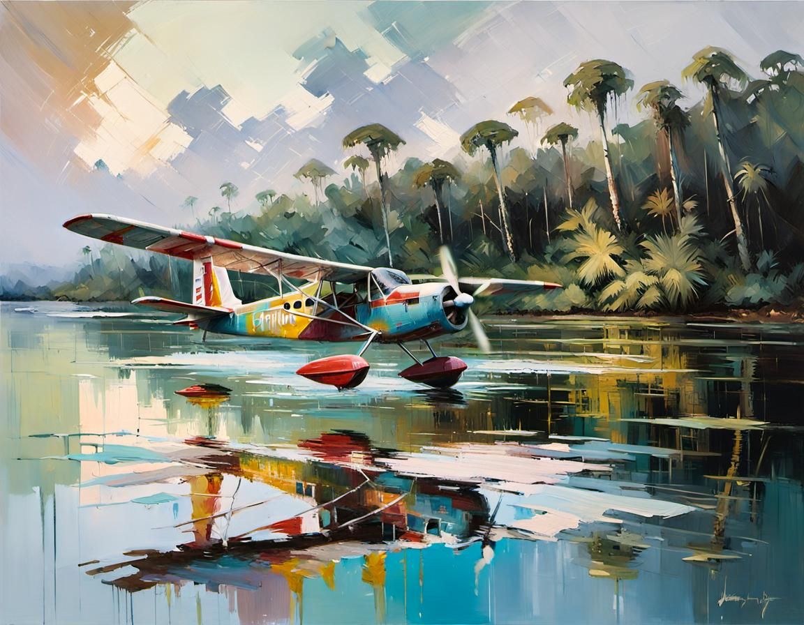 Sports Plane Flies Over Amazon River: Impasto Painting