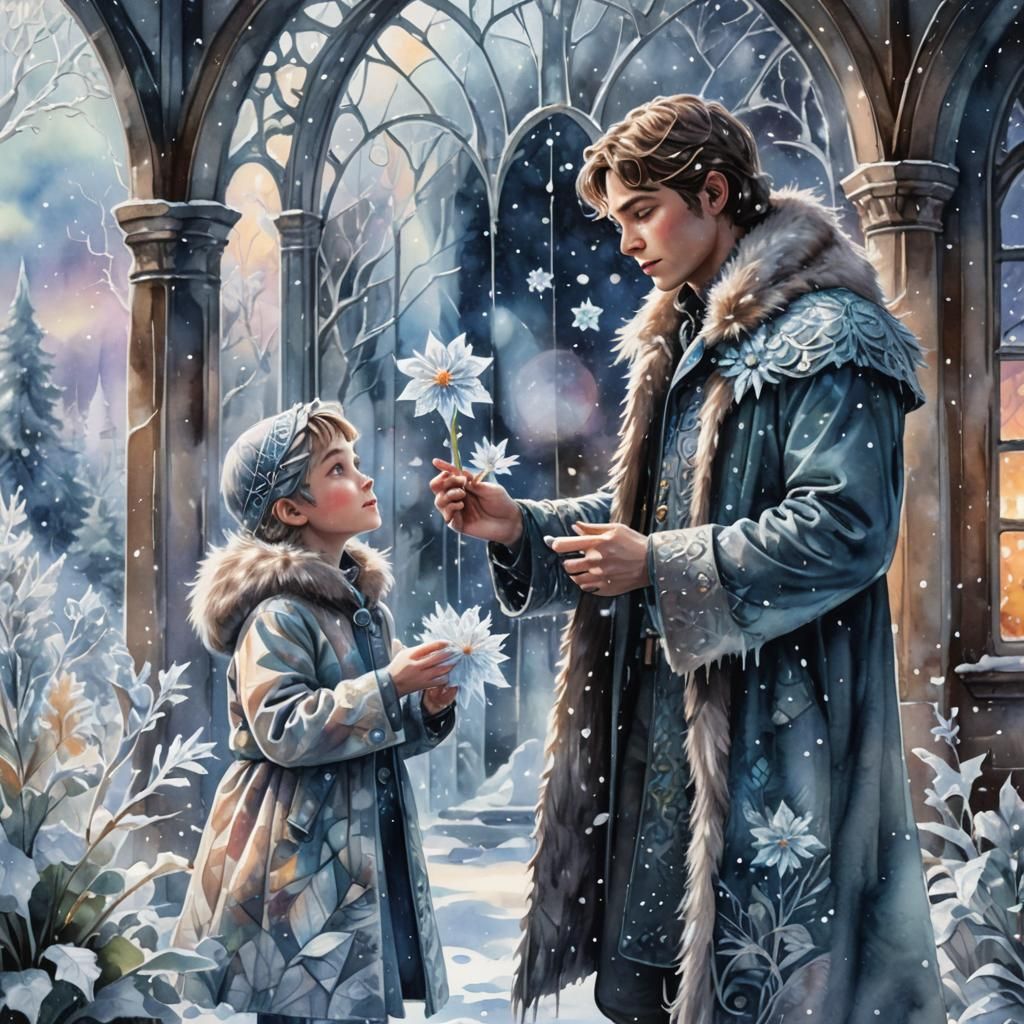 Boy Receives Ice Flower from Snow Queen: Watercolor Style