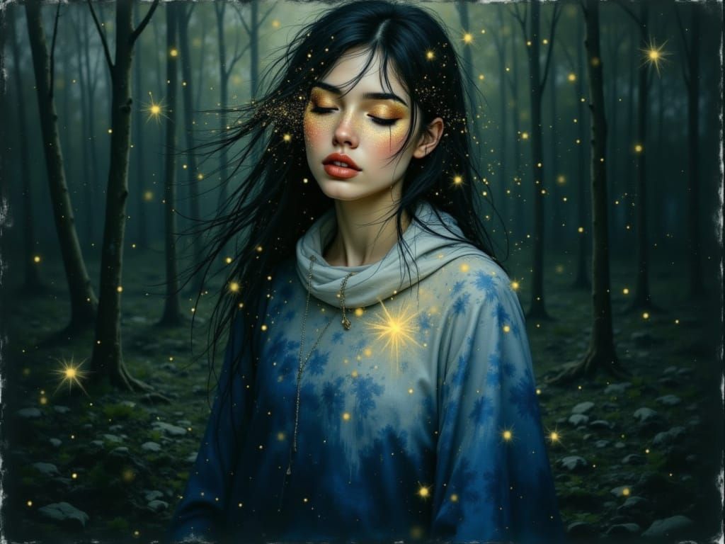 Ethereal Dreamscape: Woman in Misty Swamp with Light Particl...