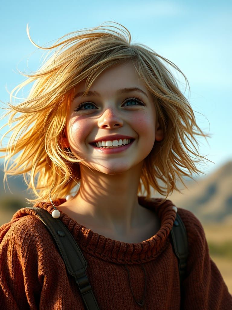 Joyful Dwarf Girl with Freckles in Subatomic Landscape