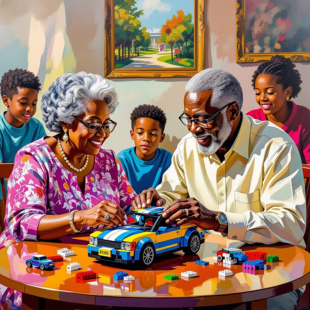 Elderly Couple Builds Lego Car in Neo-Impressionist Style