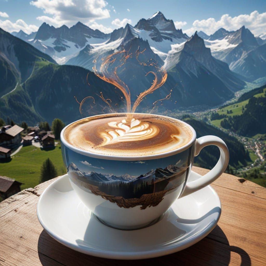 Coffee Cup Double Exposure Reveals Alpine Landscape