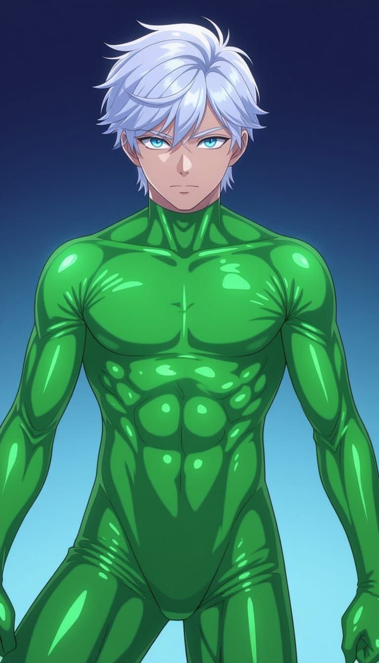 White Haired Man in Blue-Green Latex Bodysuit