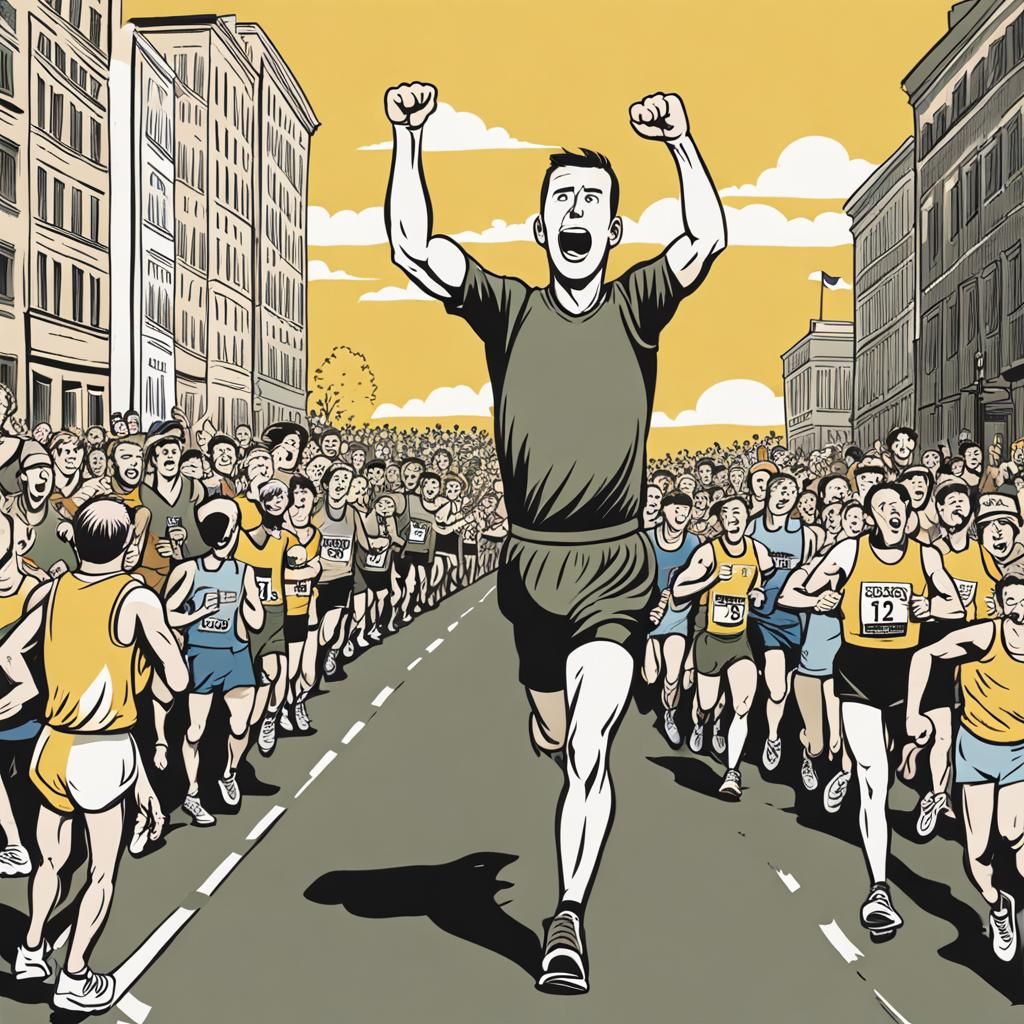 Cartoon Marathon Runner Celebrated by Cheering Crowd