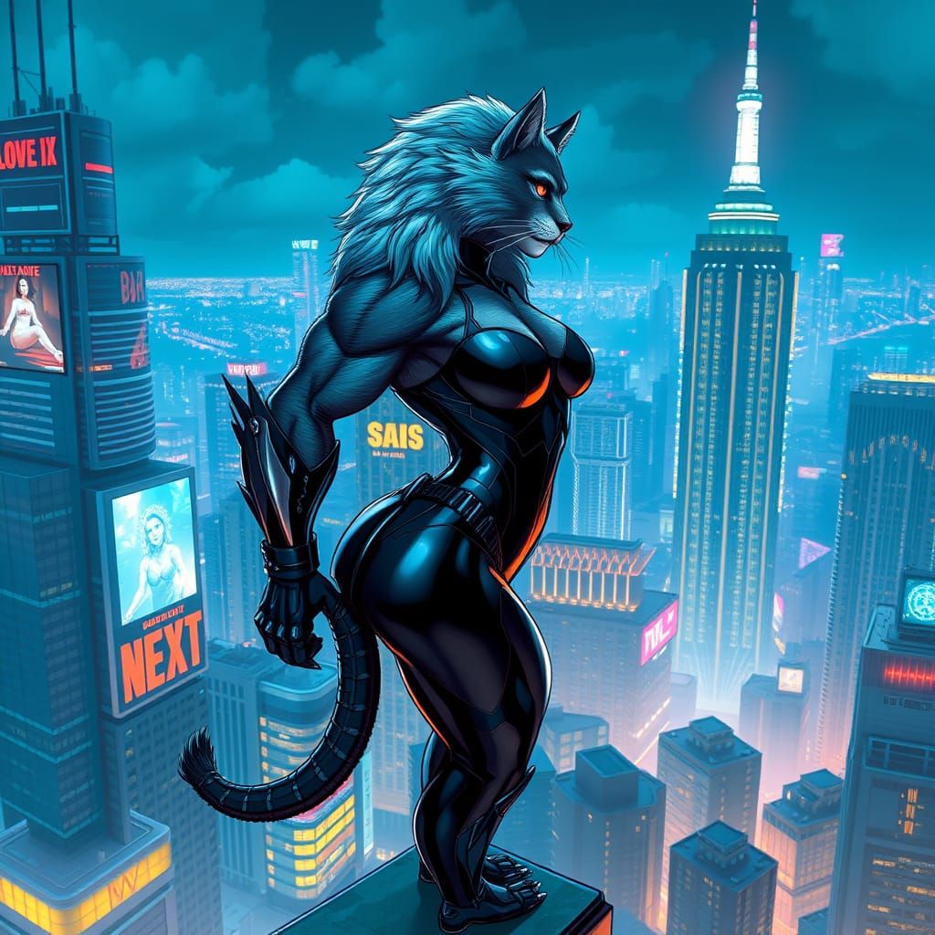 Cyberpunk She-Lion Overlooking Neon Cityscape