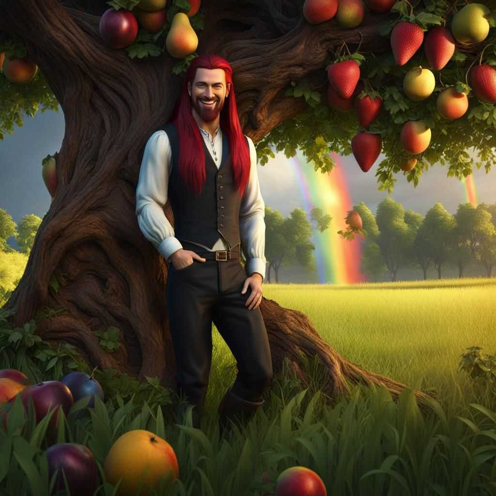 Gothic Man with Red Hair in Fantasy Meadow