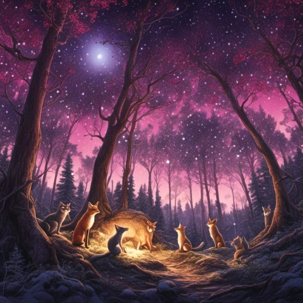 Luminescent Night Forest with Elves and Fairies