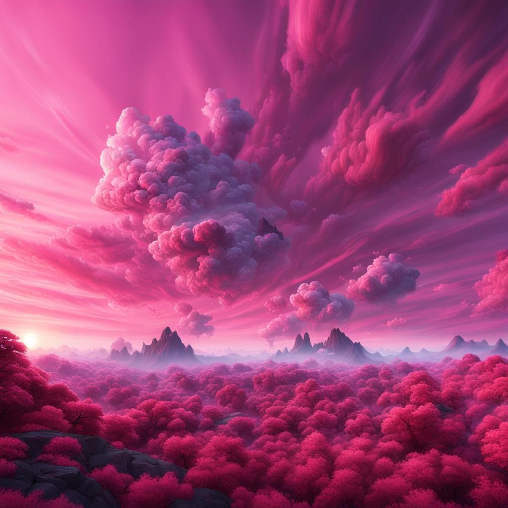 Pink Sky with Wispy Clouds in Detailed Matte Painting