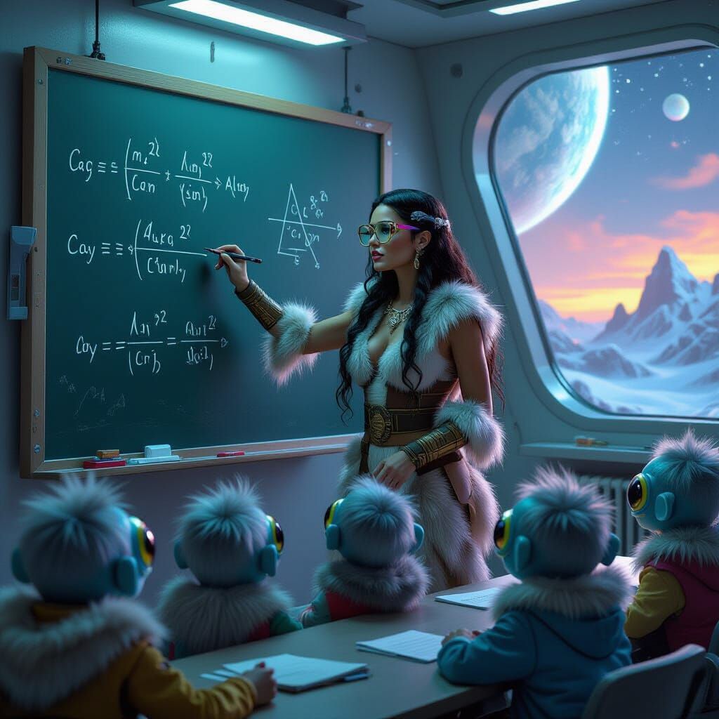 Cavewoman Teaches Alien Children Calculus in Futuristic Clas...