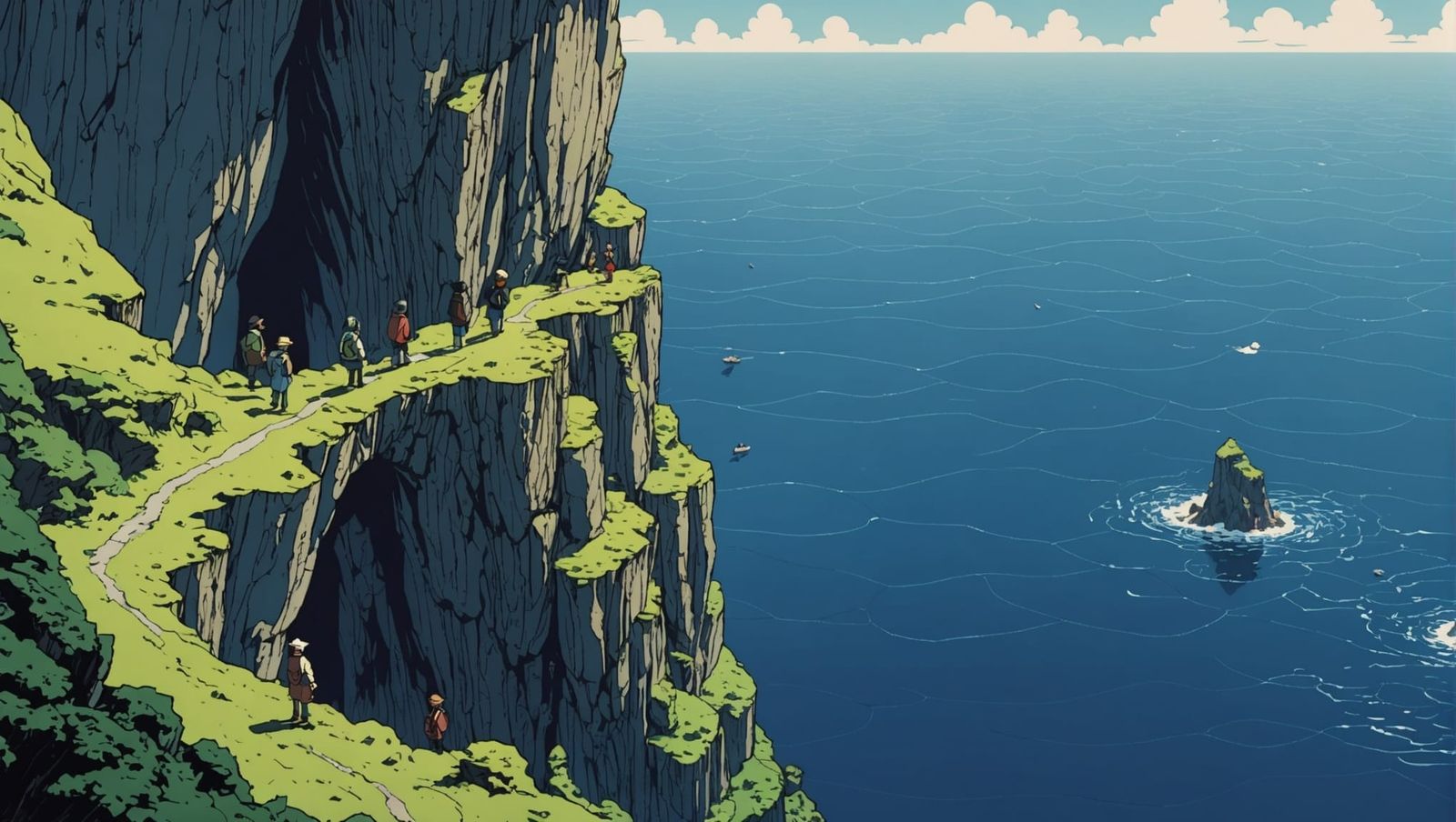 Surreal Anime Figures on Ocean Cliff in Ukiyo-e Style