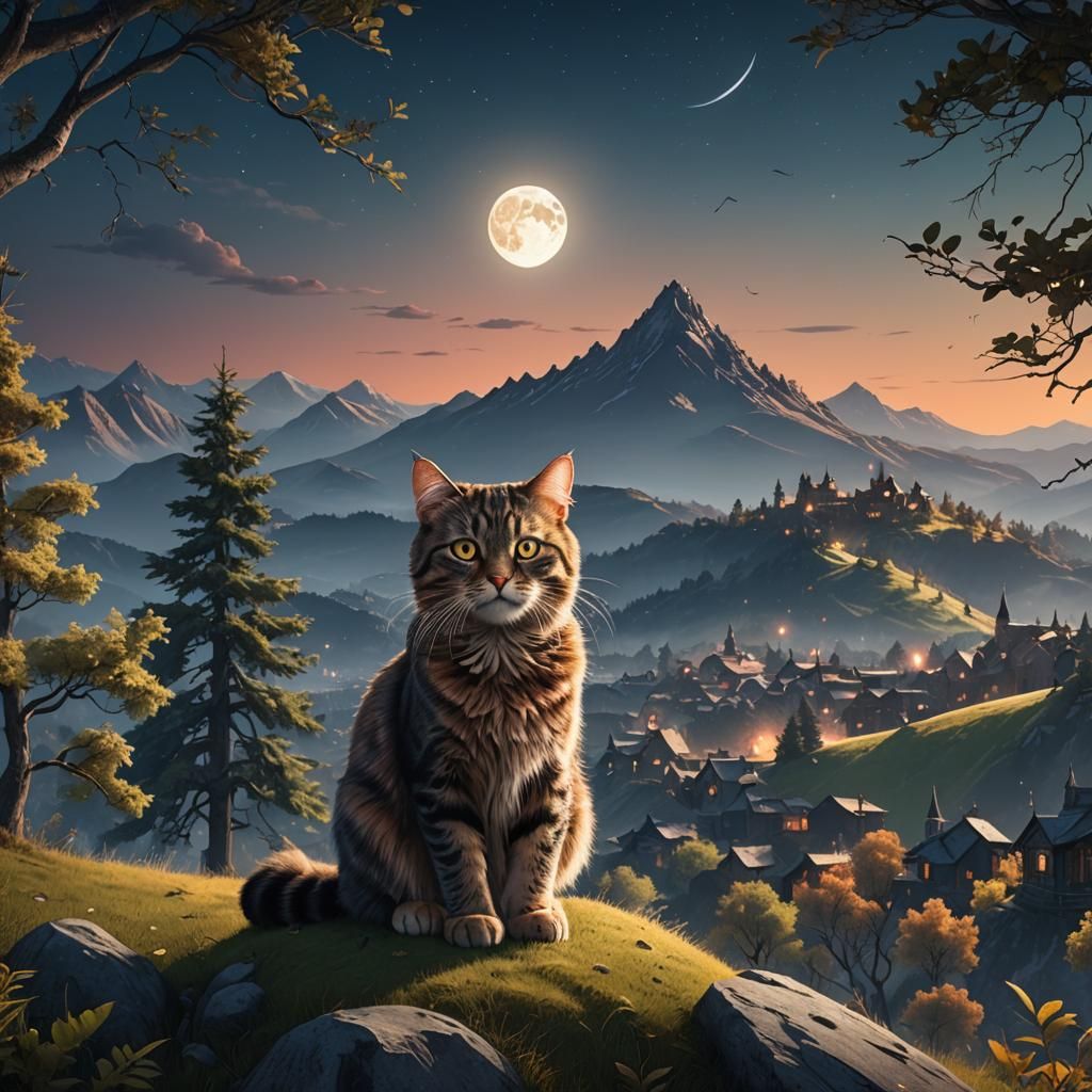 Picturesque Cat Portrait with Moonlit Mountain Backdrop