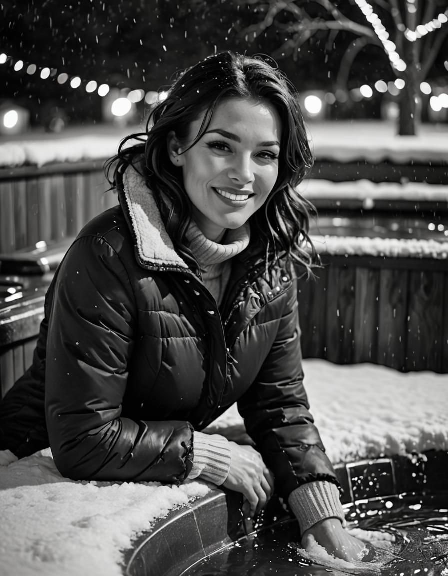 Brunette Soaking in Snowy Hot Tub Portrait