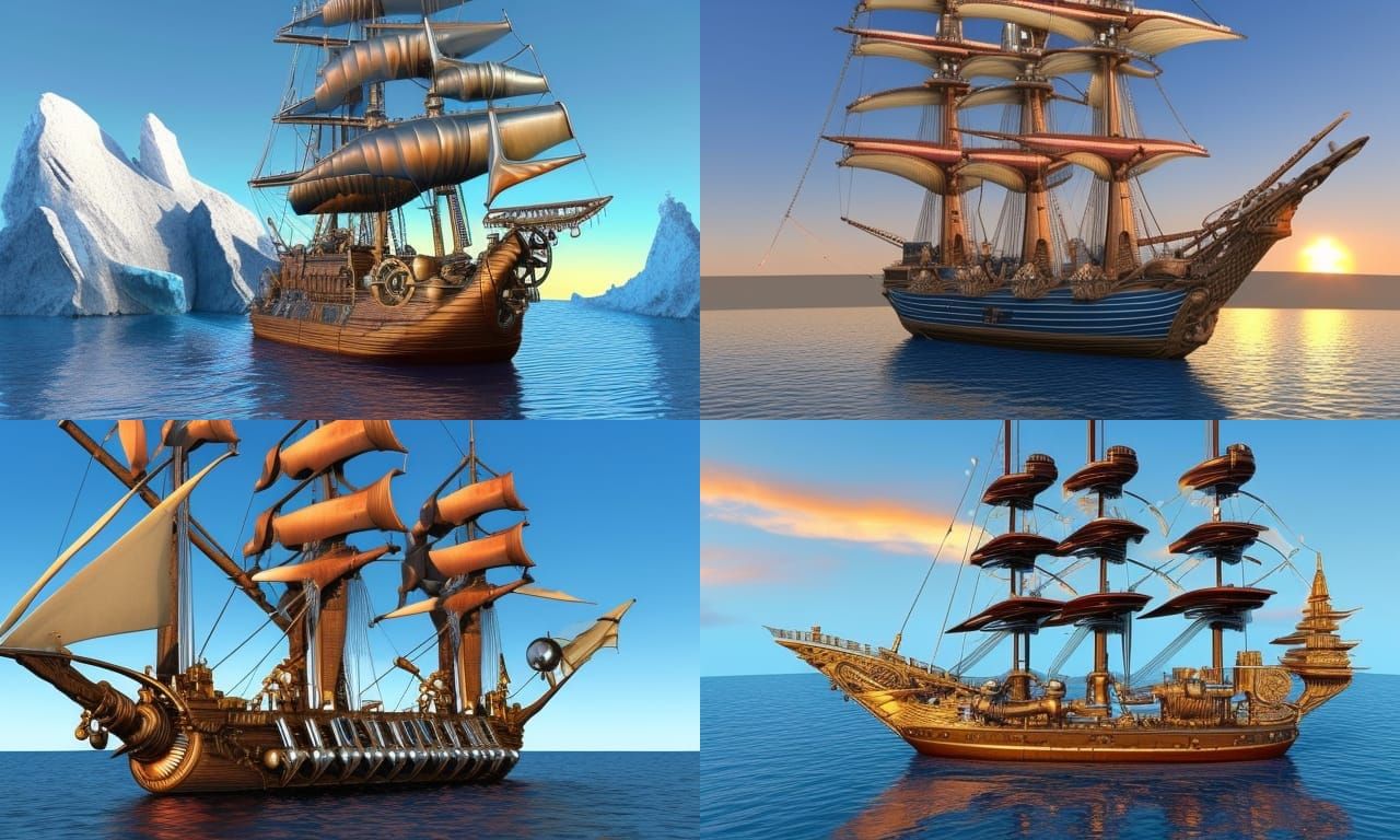 Steampunk Sailing Ship at Sunset on Glacial Waters