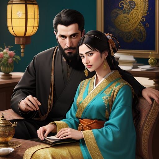Ethereal Kashmiri Couple in Opulent Digital Portrait