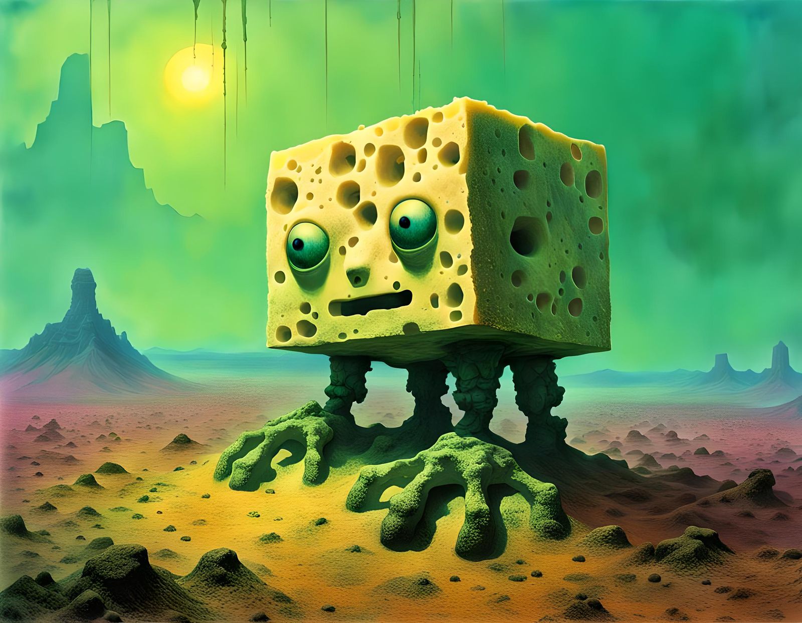 Surreal Moldy Cheese Block in Vaporwave Style