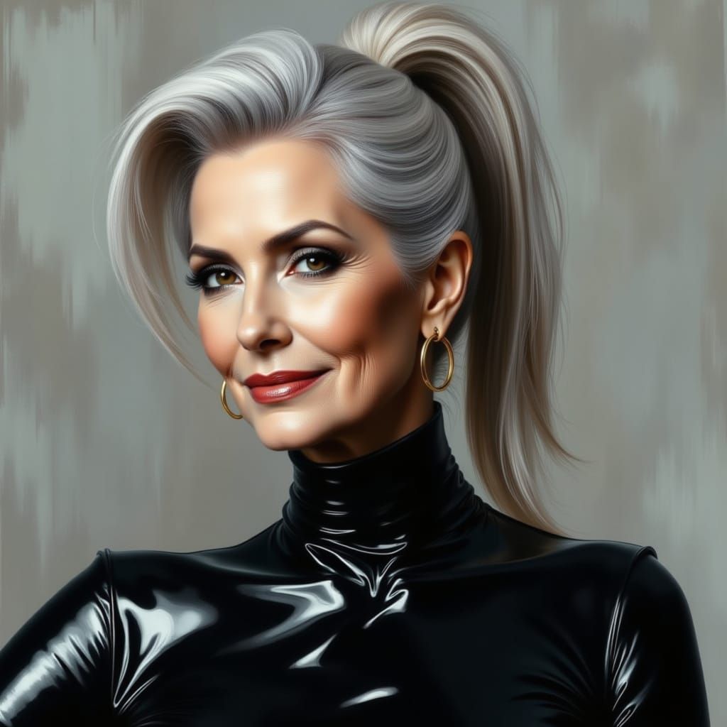 Elegant Elderly Woman in Glossy Black Catsuit