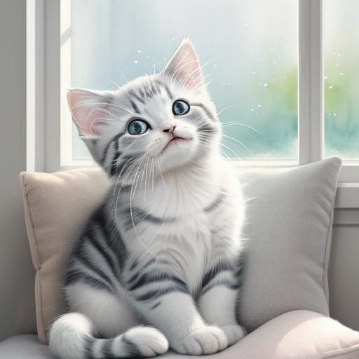 Adorable Kitten Sitting on Cushion in Watercolor Style