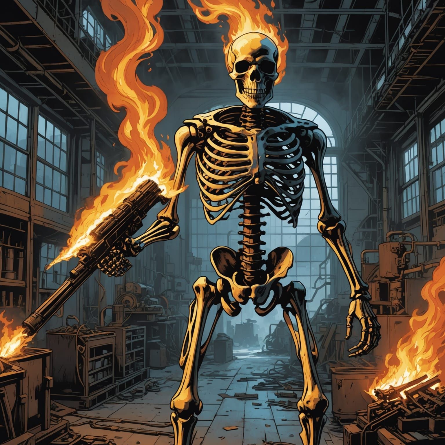 Flaming Skeleton in Factory, Comic Book Style