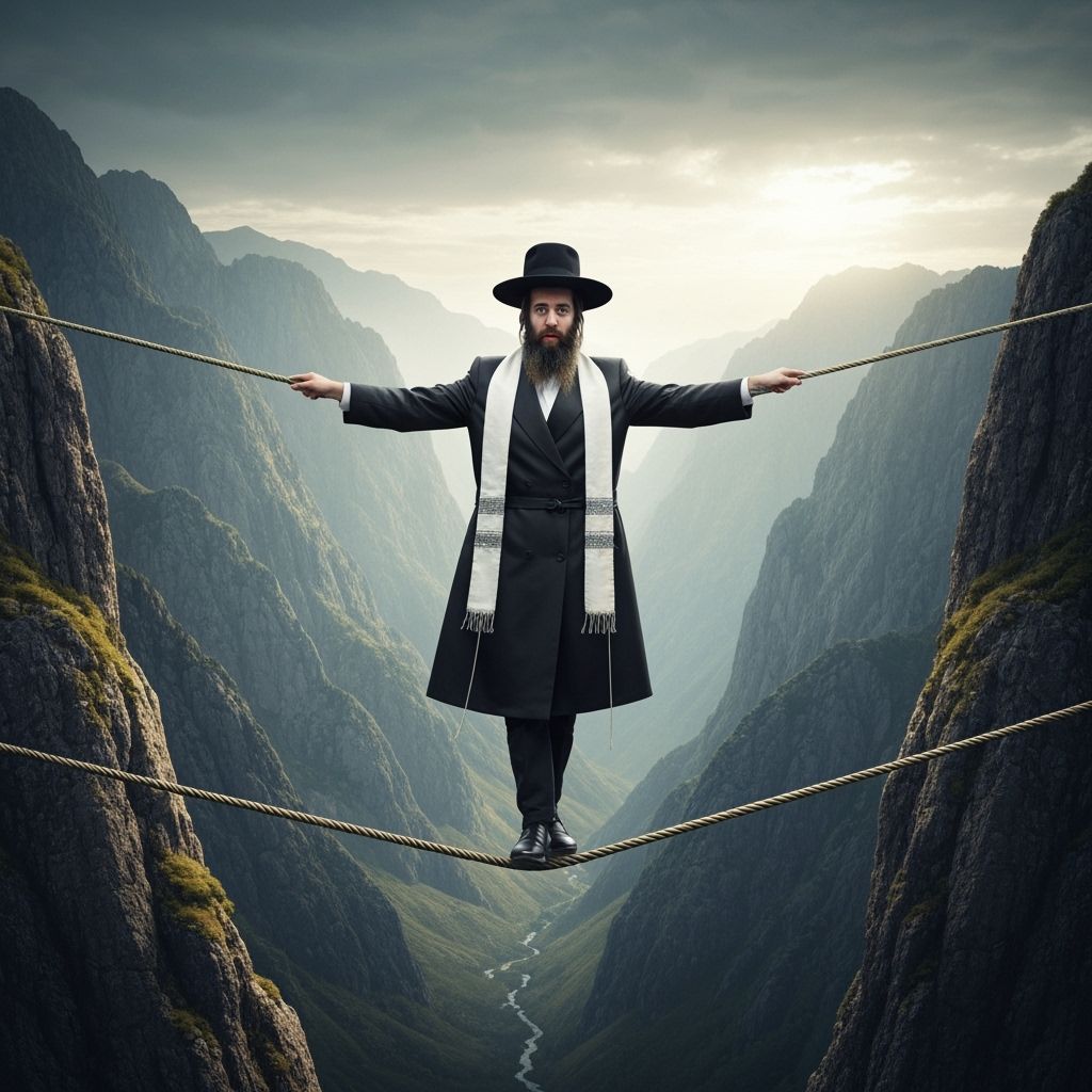 Hasidic Man Walks Tightrope Between Mountains: Photorealisti...