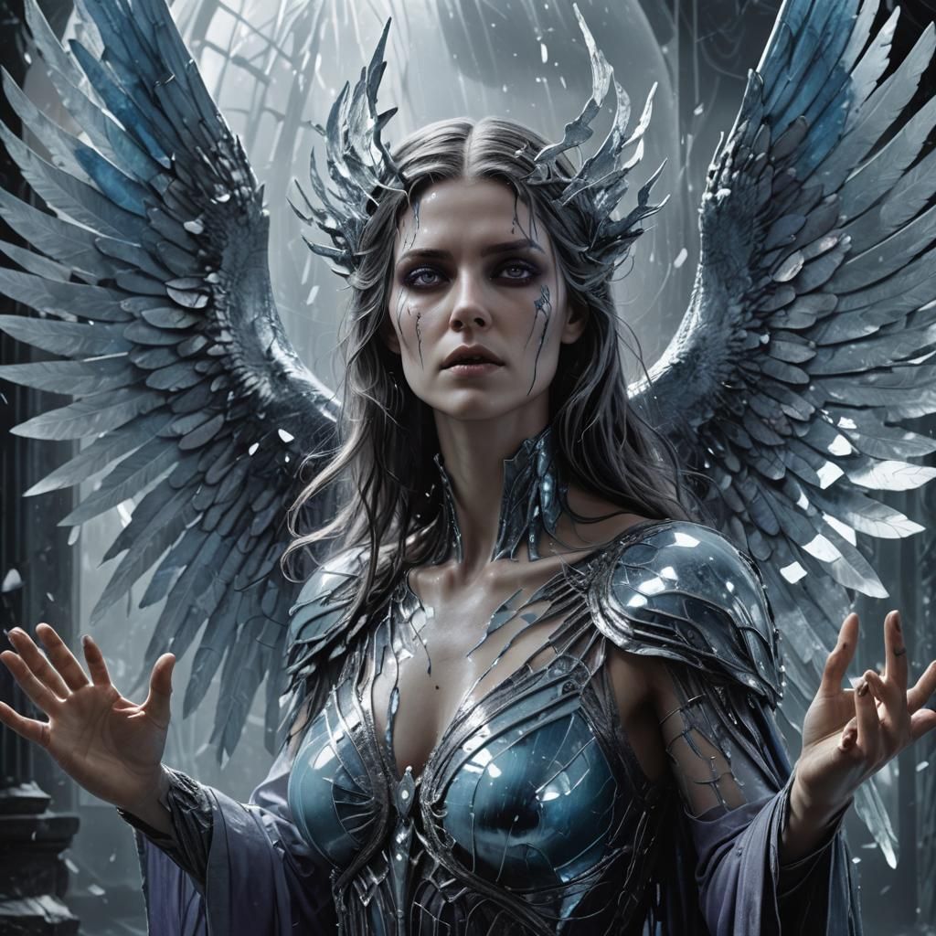 Serene Woman with Wings Behind Shattered Mirror