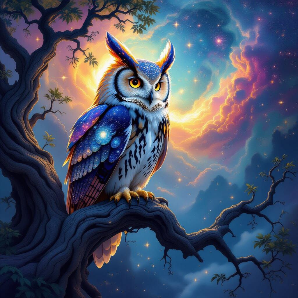 Cosmic Owl in Nebula, Digital Painting Style
