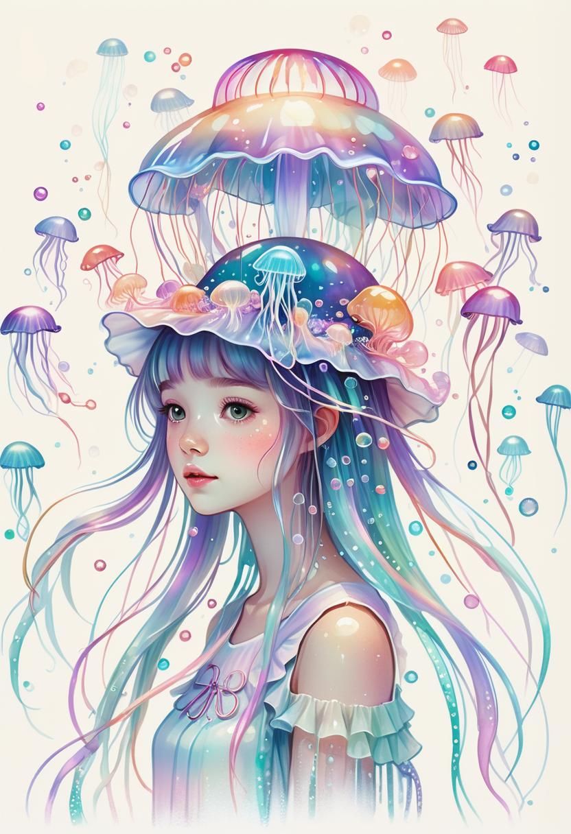 Dreamy Girl with Jellyfish Hat in Pastel Colors