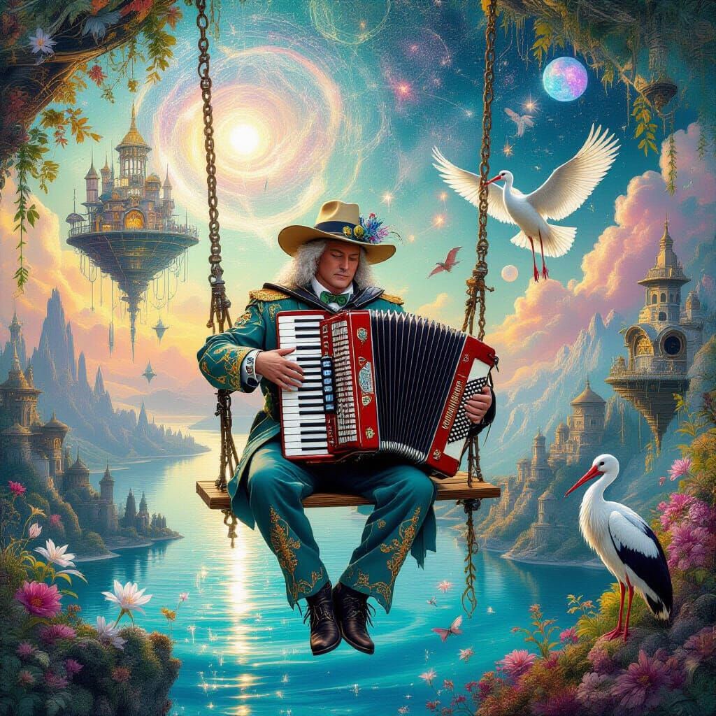 Accordionist at Galaxy's End in Surreal Style