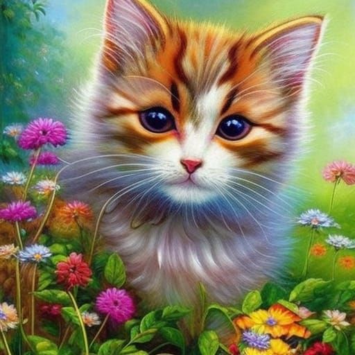 Fluffy Kitten in Flower Garden, Detailed Oil Painting