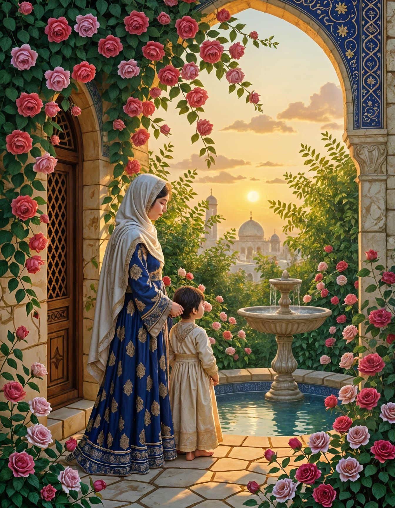 Iranian Miniature of Mother and Child in Garden