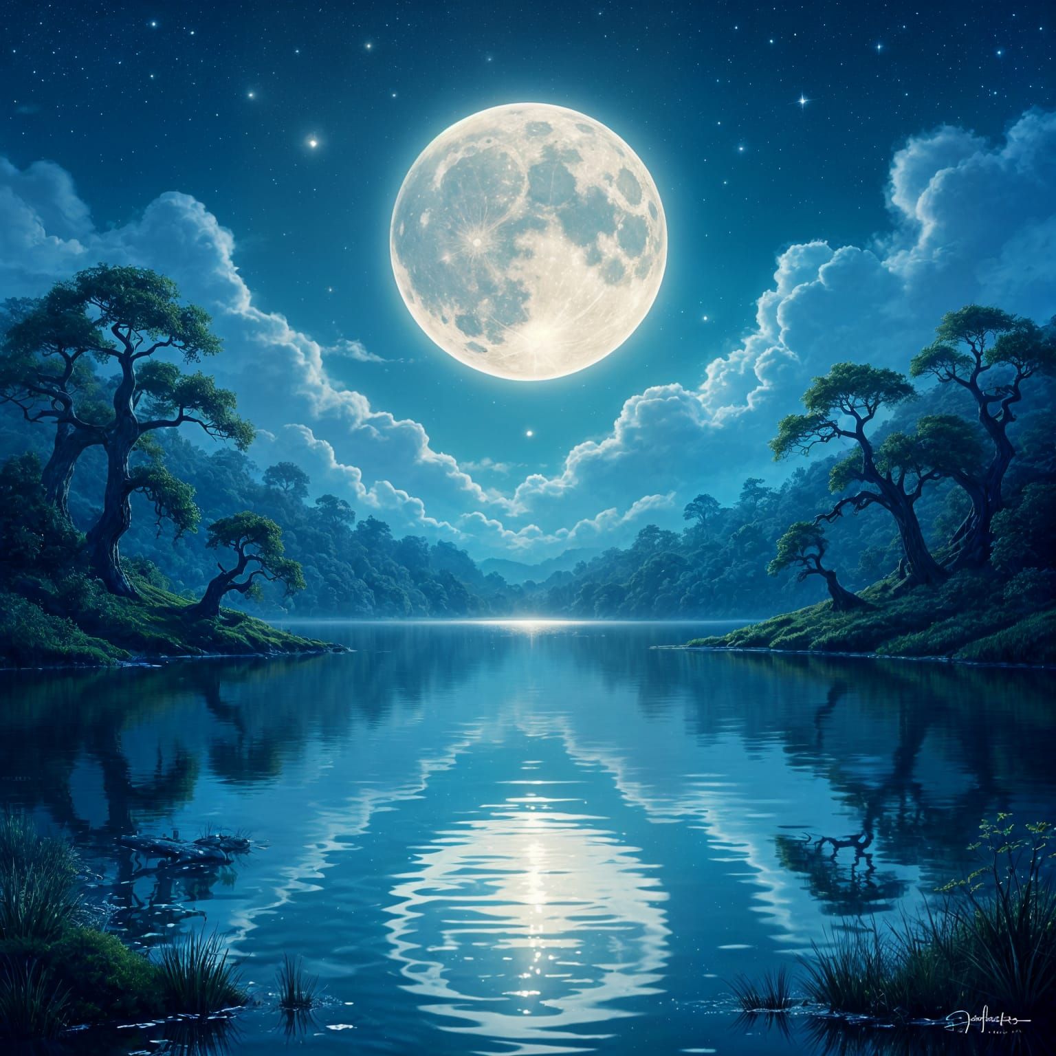 Majestic Moon Over Reflective Lake in Digital Art Style
