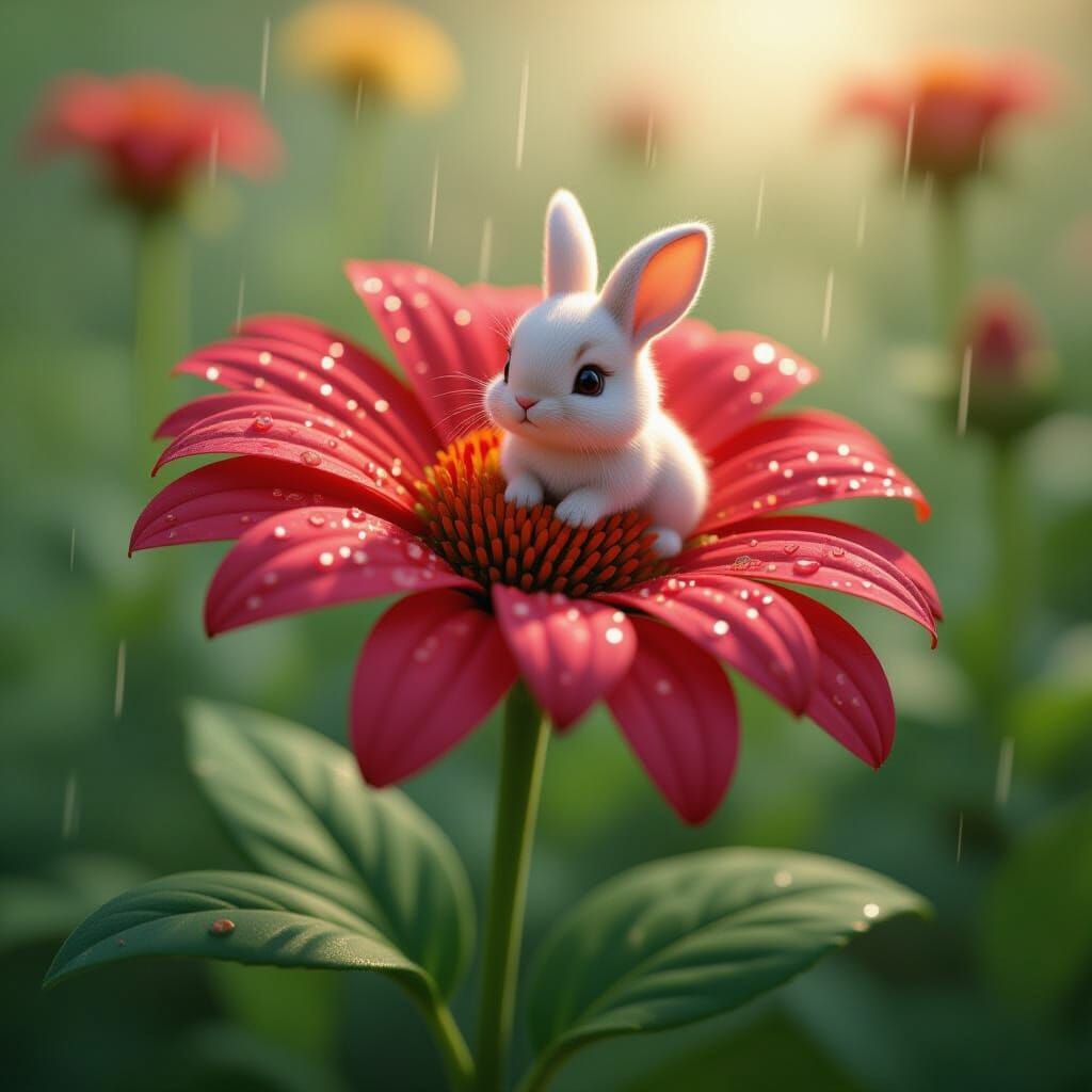 Adorable Bunny on Red Flower in Lush Garden