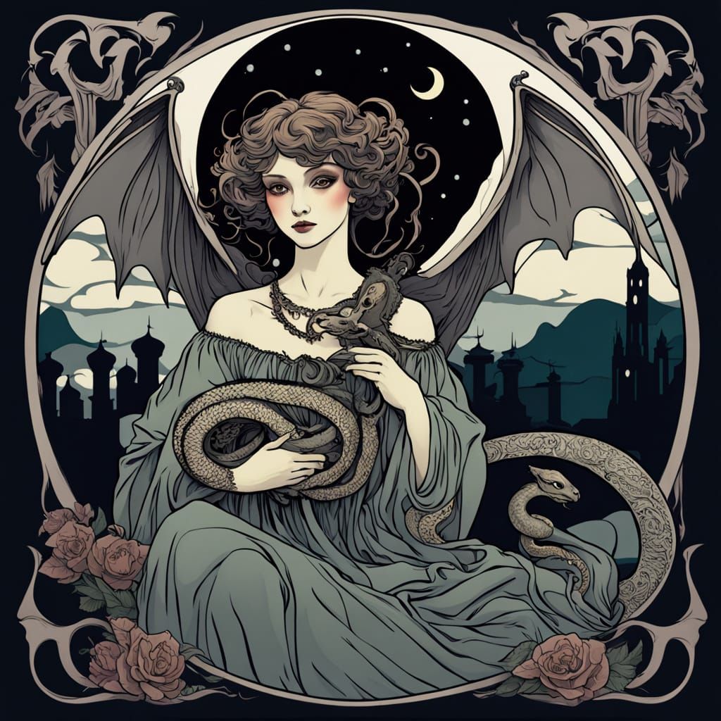 Art Nouveau Horror: Woman with Bat Wings and Snake Hair