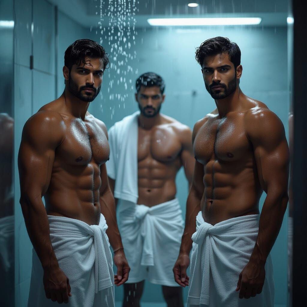 Photorealistic Indian Men in Futuristic Shower Scene