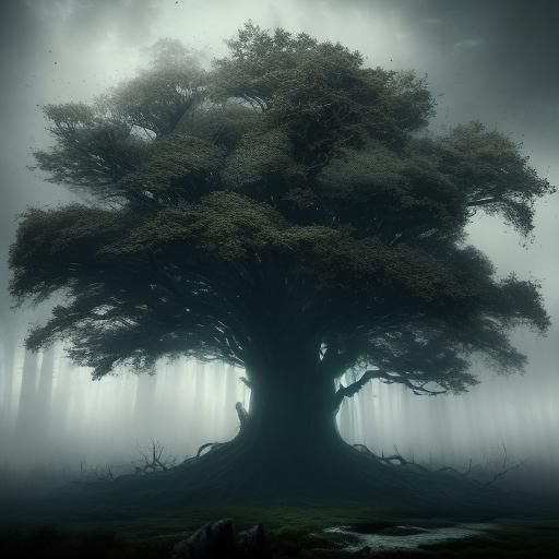 Eerie Ancient Tree Dwelling in Dark Fantasy Forest