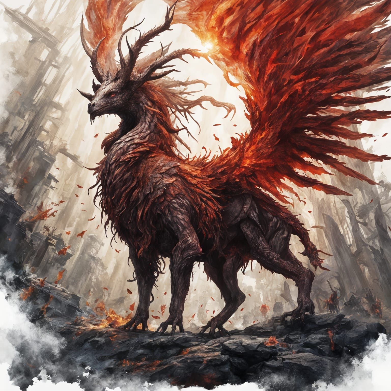 Monochromatic Red Dragon Rising from Flames