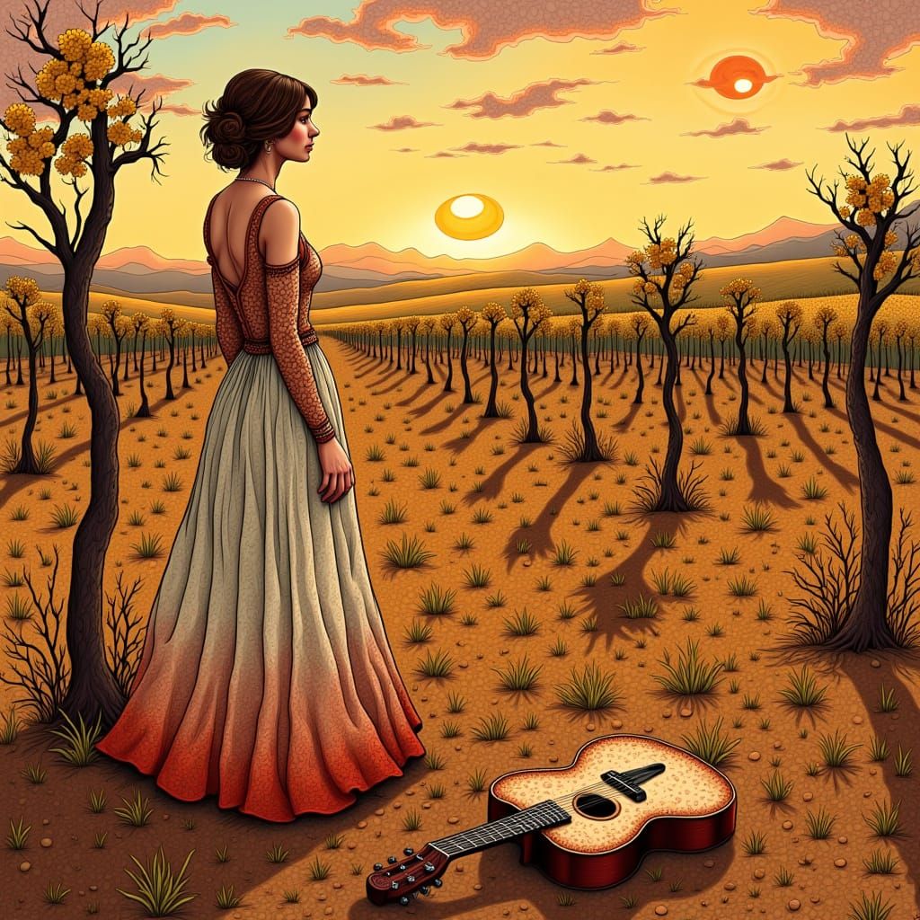 Elegant Woman in Faded Vineyard, Lost in Thought