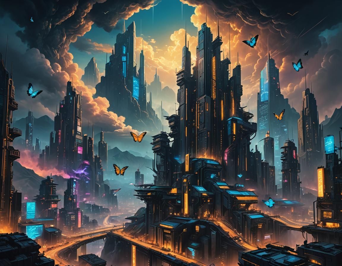 Dystopian Cyberpunk Landscape with Baroque Lighting
