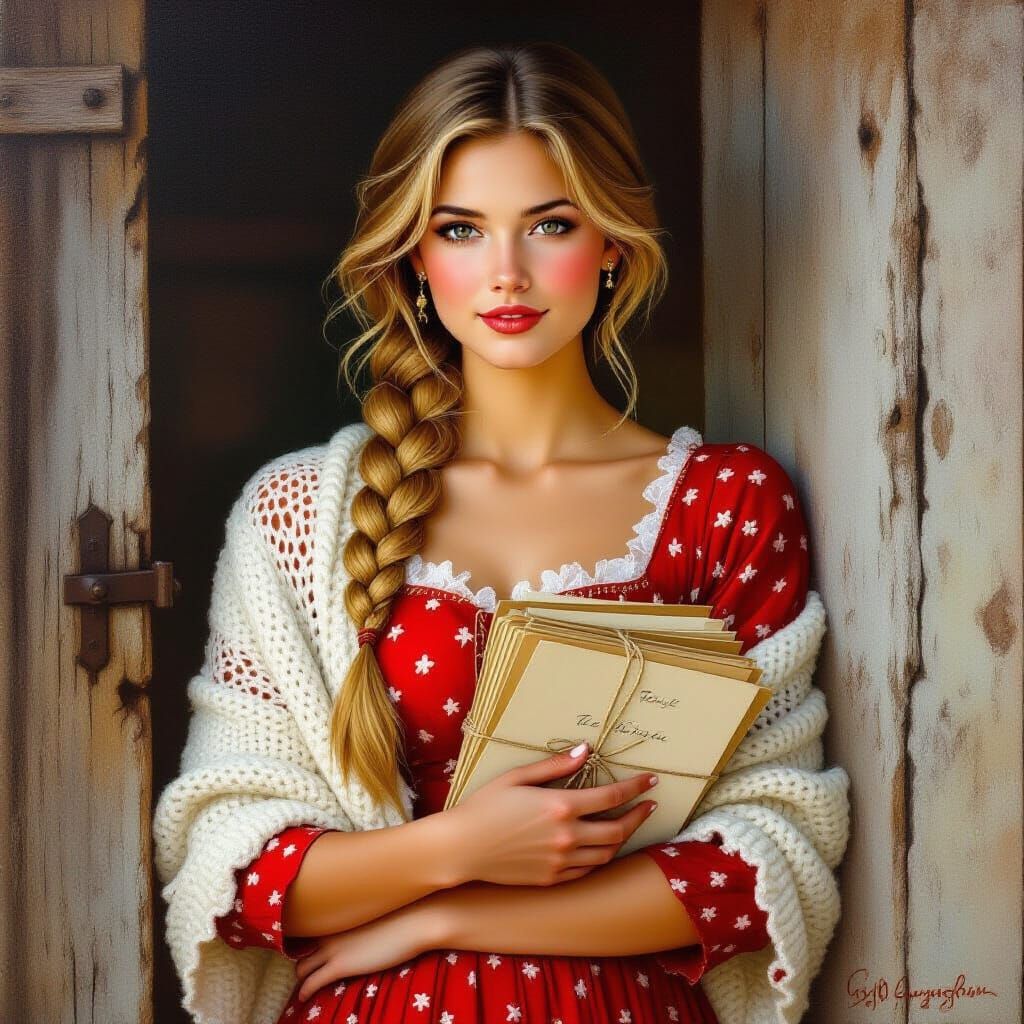 Vintage Pin-Up Woman with Letters in Golden Hour Light