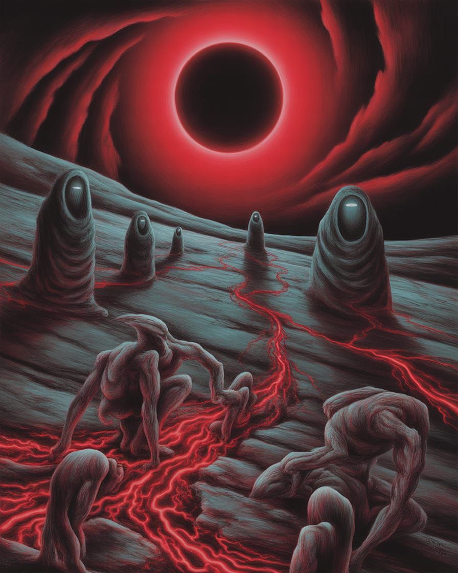 Eerie Crimson Moonscape with Ancient Mystics