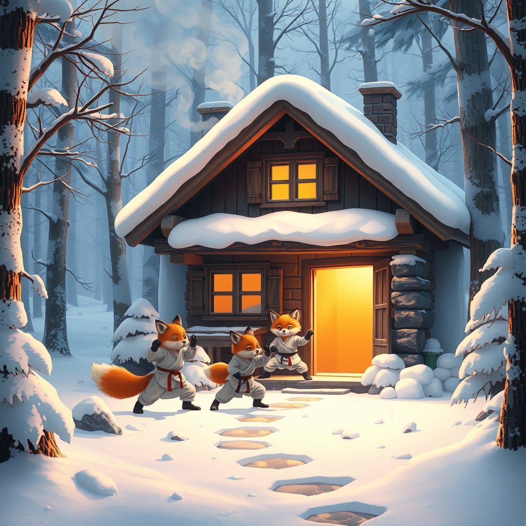 Fox Family Dojo in Snowy Cottage, Anime Style
