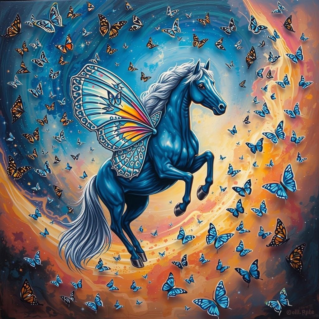 Majestic Blue Horse Soars with Butterfly Wings in Dreamlike ...