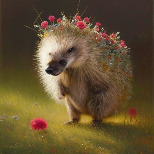 Porcupine with Wildflowers in Storybook Style